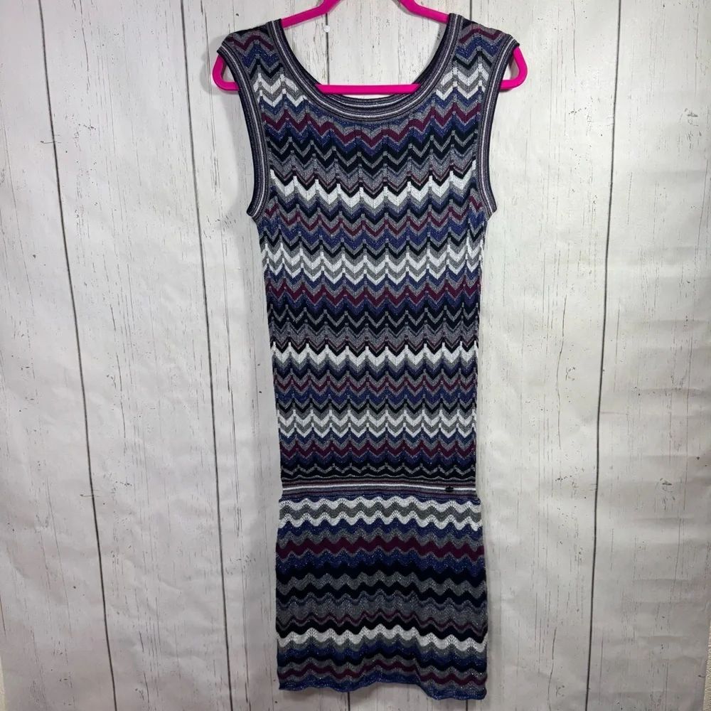 GUESS Los Angeles Chevron Knit Sweater Dress Size S Metallic Zig Zag Bodycon